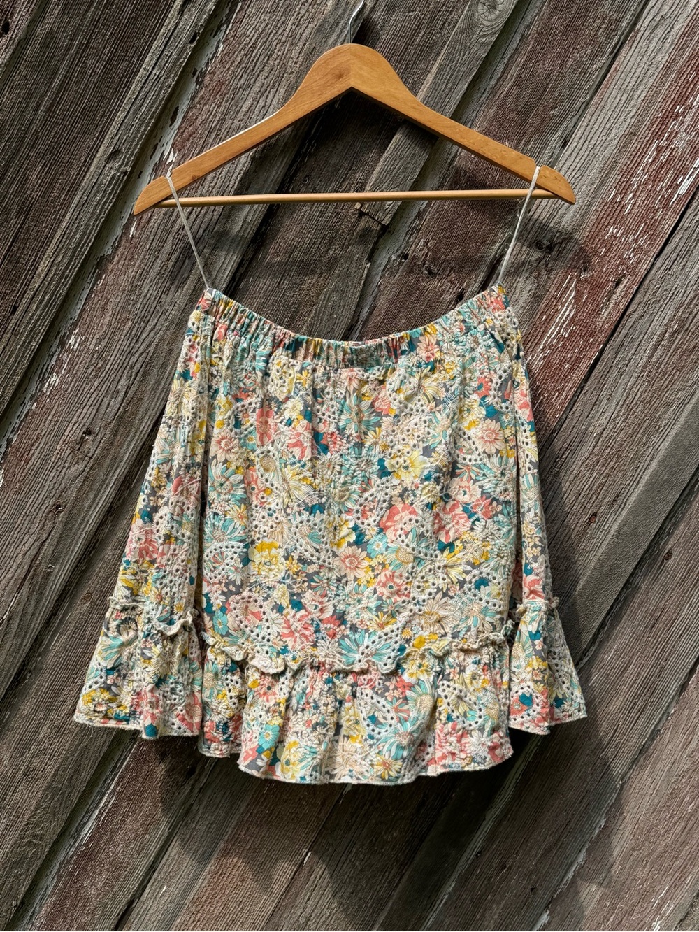 Solitaire Floral Embroidered Eyelet Ruffle Skirt L Cottagecore Boho